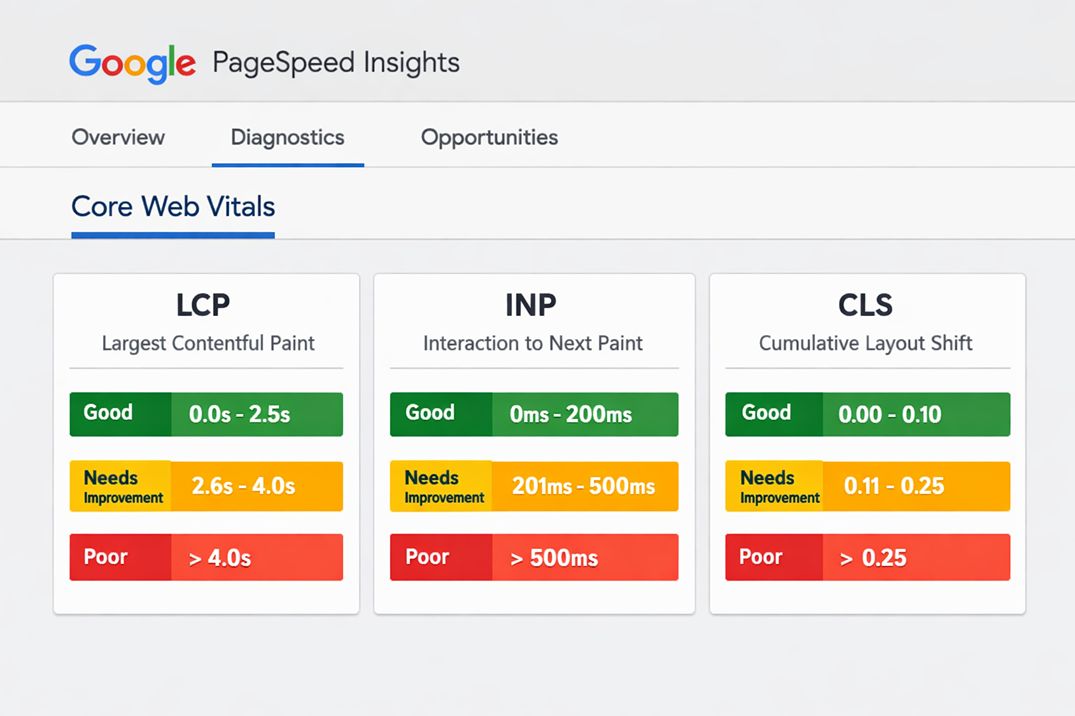 Google PageSpeed Insights showing Core Web Vitals scores for LCP, INP, and CLS with good, needs improvement, and poor thresholds displayed.