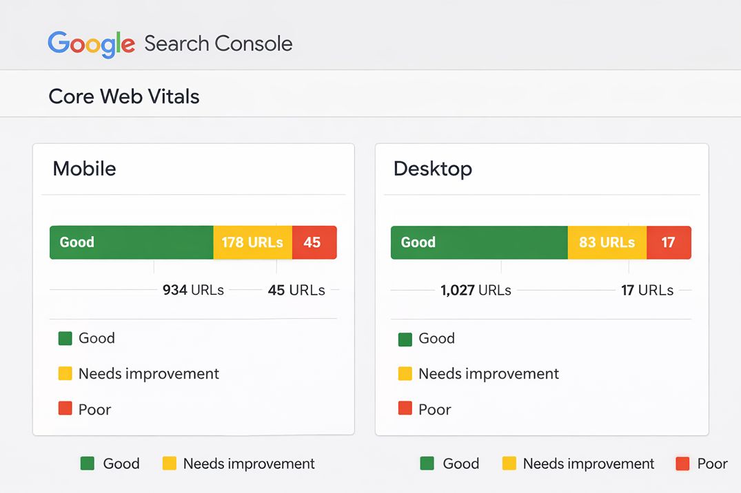 Google Search Console Core Web Vitals report showing URL-level breakdown of good, needs improvement, and poor pages for mobile and desktop.