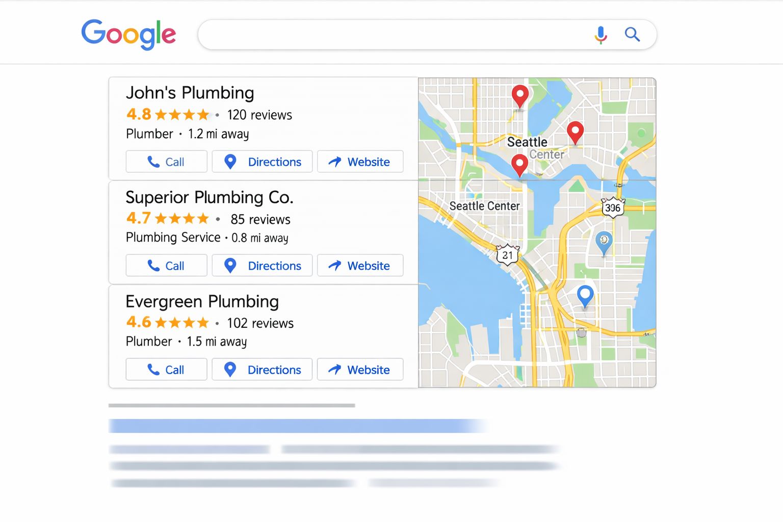 Google Local Pack showing three businesses appearing above organic search results for a local service search, illustrating the prominent position a well-optimized Google Business Profile can earn.