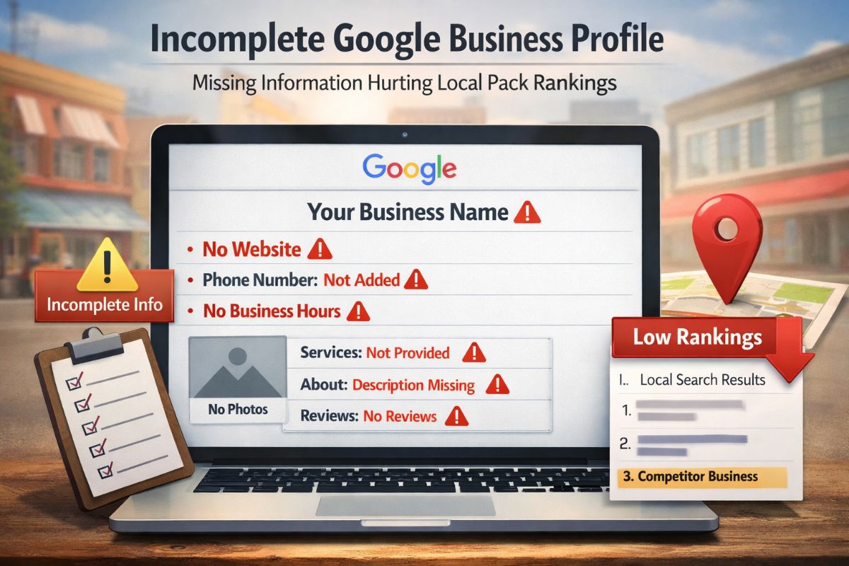 Google Business Profile listing showing incomplete sections and missing information that suppresses Local Pack rankings