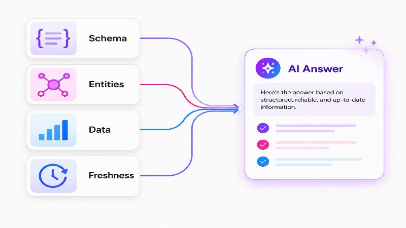 Diagram showing four signals, schema, entities, original data, and freshness, flowing into an AI answer to earn a citation.