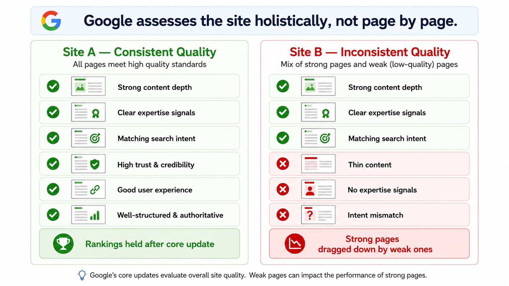 Diagram comparing two site profiles: a site with consistent content depth and demonstrated expertise that held rankings after a core update, versus a site with mixed page quality that saw broad impression declines.