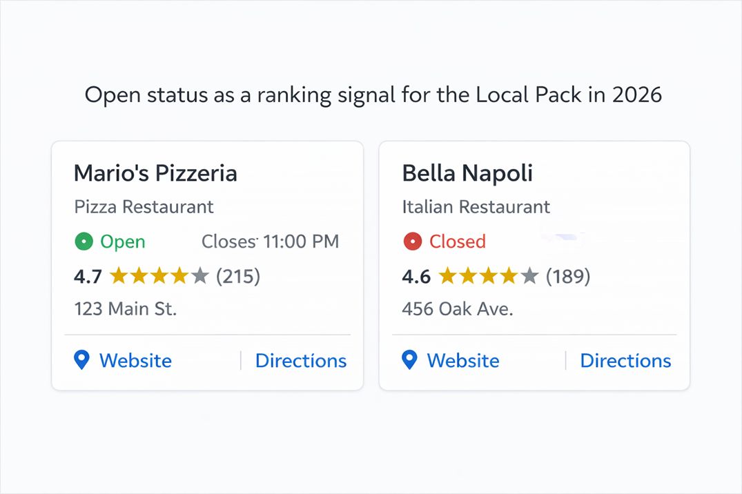 Google Business Profile showing open status as a ranking signal for the Local Pack in 2026, compared to a listing marked as closed.