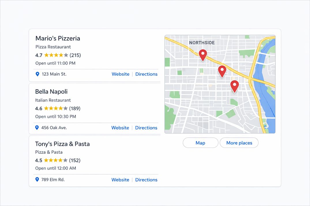 Google Local Pack showing three business listings with map, reviews, and contact details for a local search query.