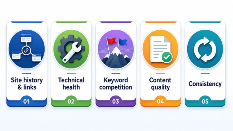 Five factors that affect how quickly a site ranks, shown as labelled dials for site history and links, technical health, keyword competition, content quality, and consistency of the work.