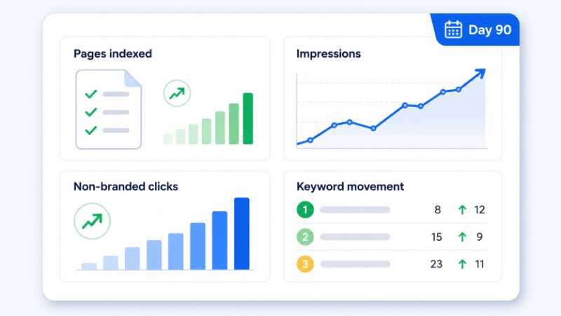 A 90-day SEO progress dashboard showing indexed pages, rising impressions, non-branded clicks, and ranking movement on lower-competition terms.