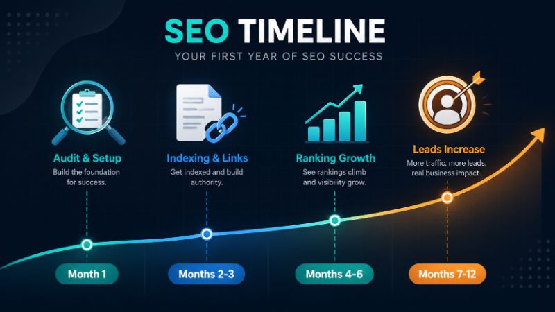 Timeline showing the first year of an SEO campaign, from the month one audit through indexing, ranking movement, and rising leads by months seven to twelve.