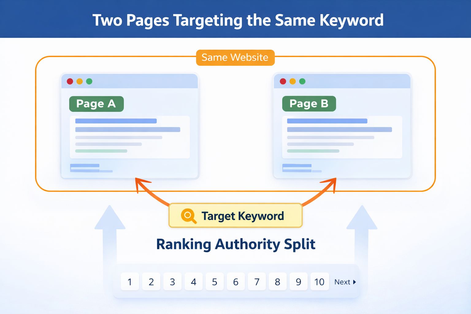 Diagram showing two pages on the same website both targeting the same keyword, with ranking authority split between them instead of concentrated on one page.