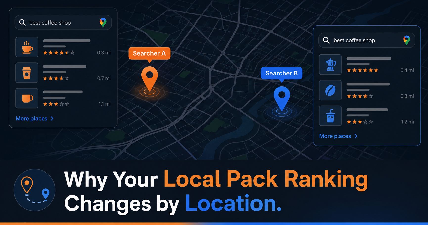 Google Maps showing different Local Pack results appearing for searchers at different locations