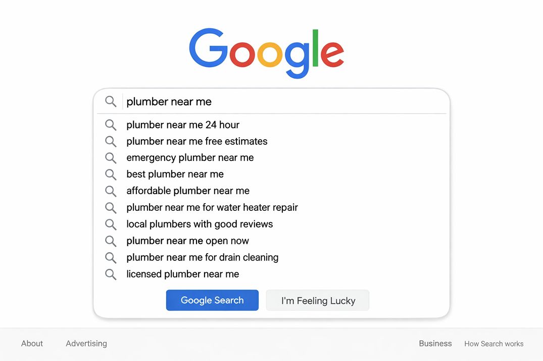 Google search bar showing autocomplete suggestions for a local service query, revealing multiple long-tail keyword variations generated from real user searches.