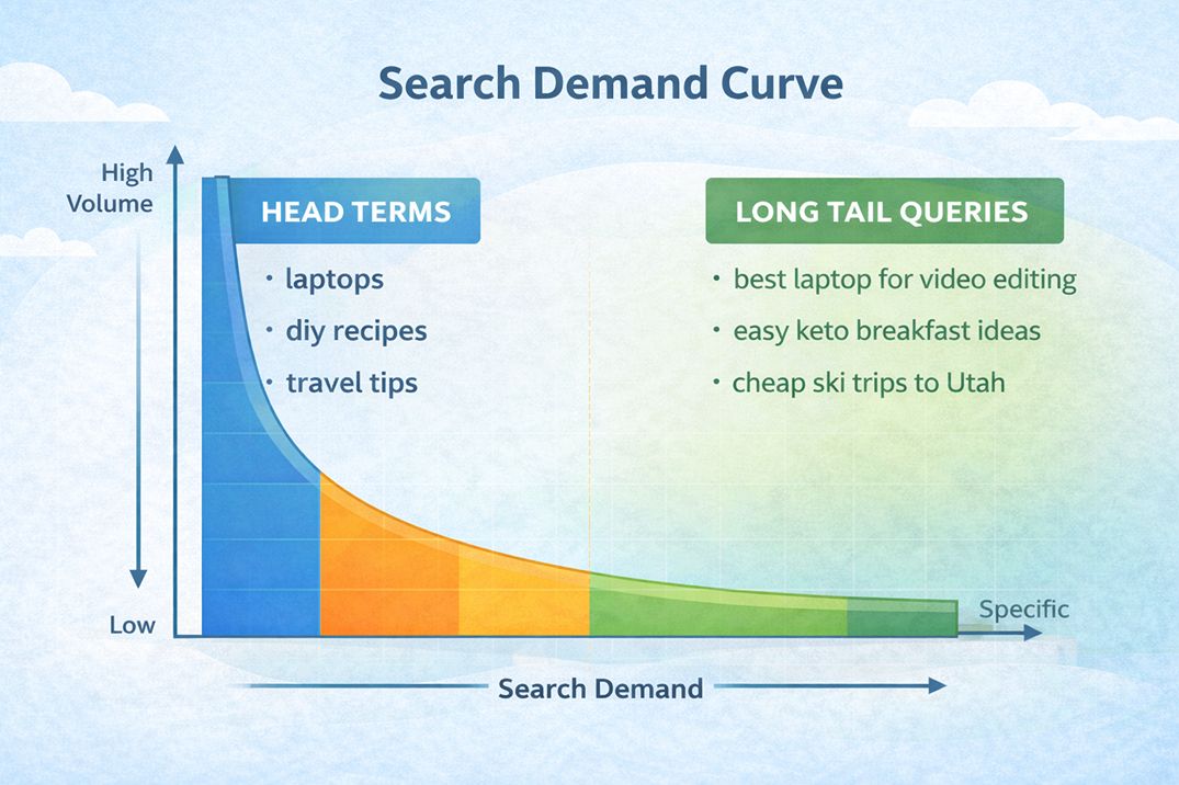Search demand curve diagram showing high-volume head terms on the left and the long tail of low-volume, high-intent specific queries extending to the right.