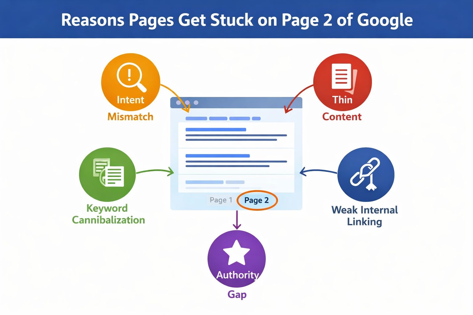 Diagram showing five reasons pages get stuck on page 2 of Google: intent mismatch, thin content, keyword cannibalization, weak internal linking, and authority gap.