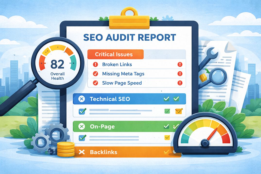 Sample SEO audit report showing an overall health score, critical issues list, and category breakdown for technical SEO, on-page, and backlinks.