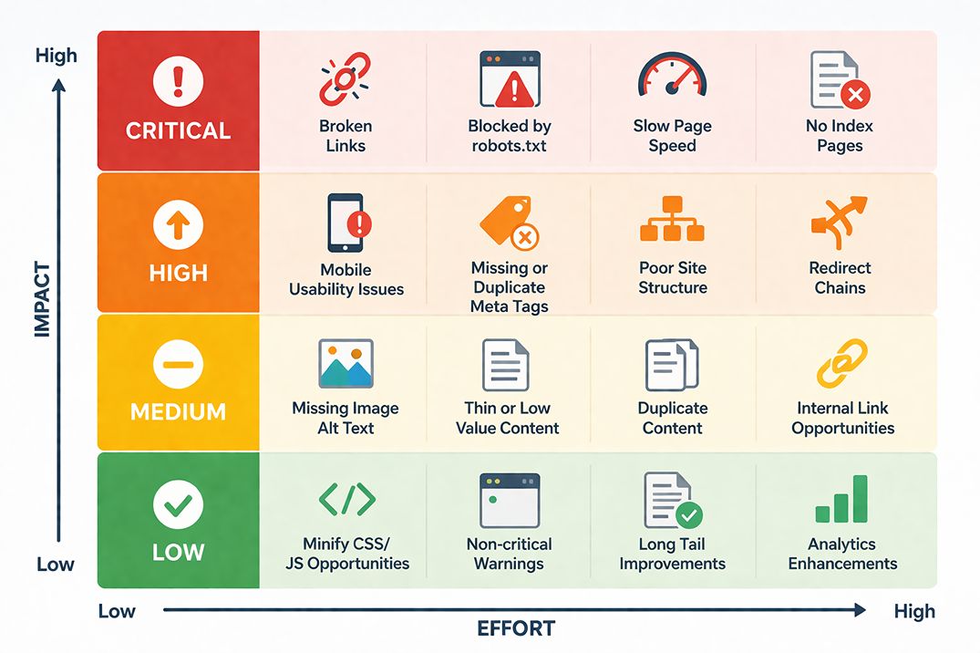 SEO audit issue priority matrix showing critical, high, medium, and low priority categories with example issues in each tier.