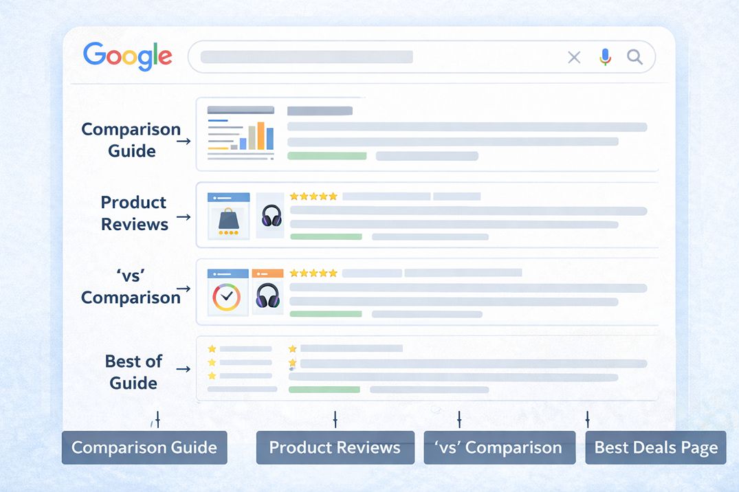 Google search results page showing content type patterns across the top five results for a commercial investigation keyword, illustrating how to read intent from the SERP.