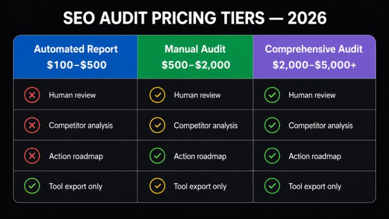 SEO audit cost comparison by tier 2026