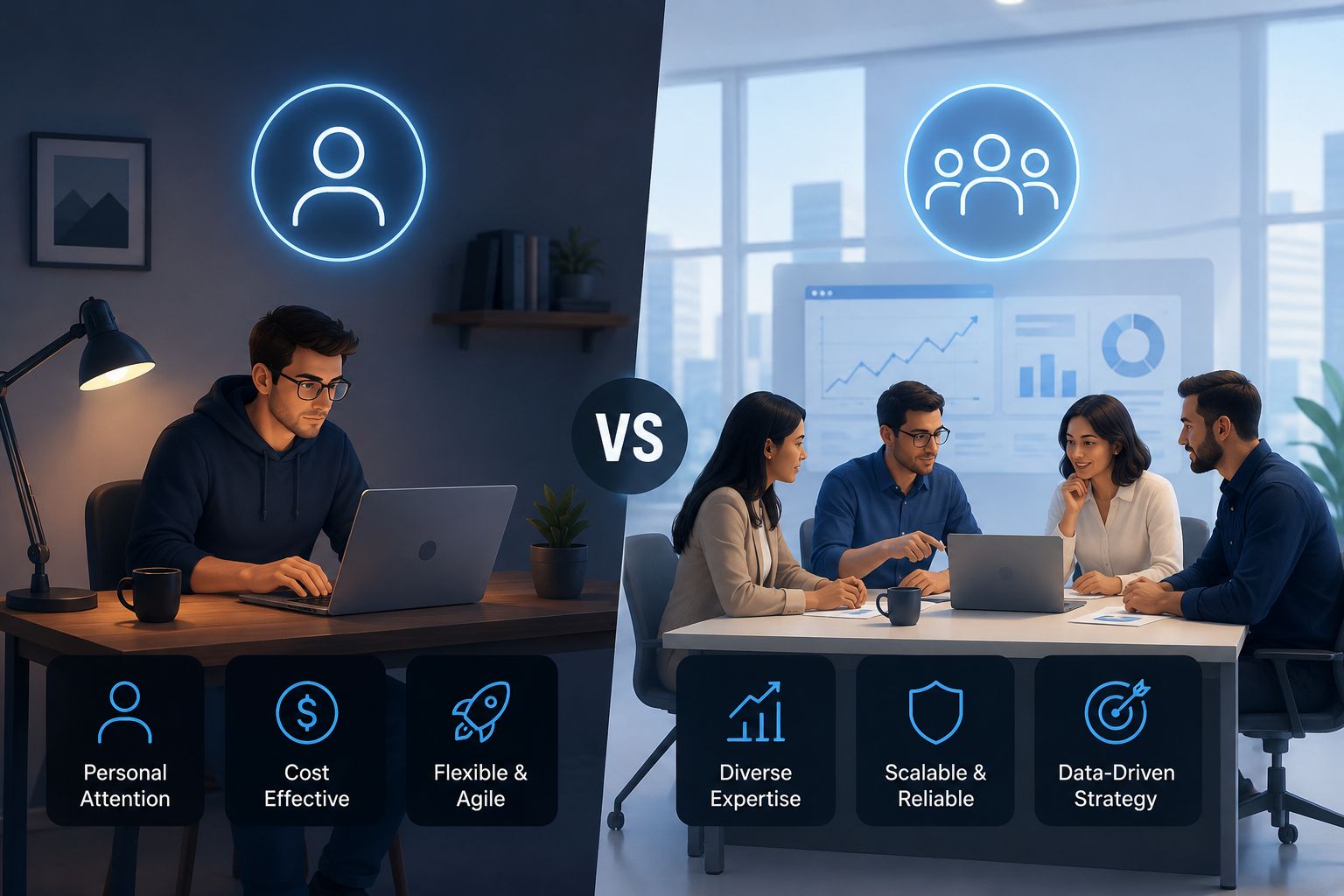 Side-by-side comparison of an SEO freelancer working directly with a business owner versus an SEO agency with separate sales, account management, and execution layers