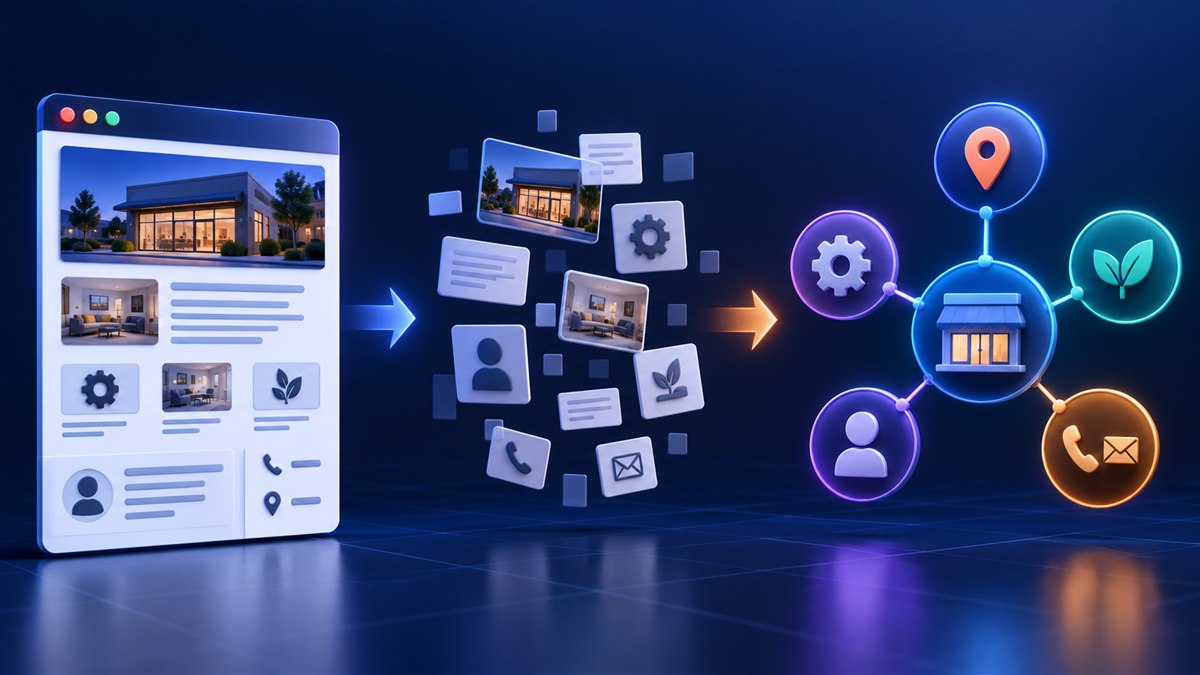A business webpage becoming a connected set of machine-readable business, location, service, author, and contact entities