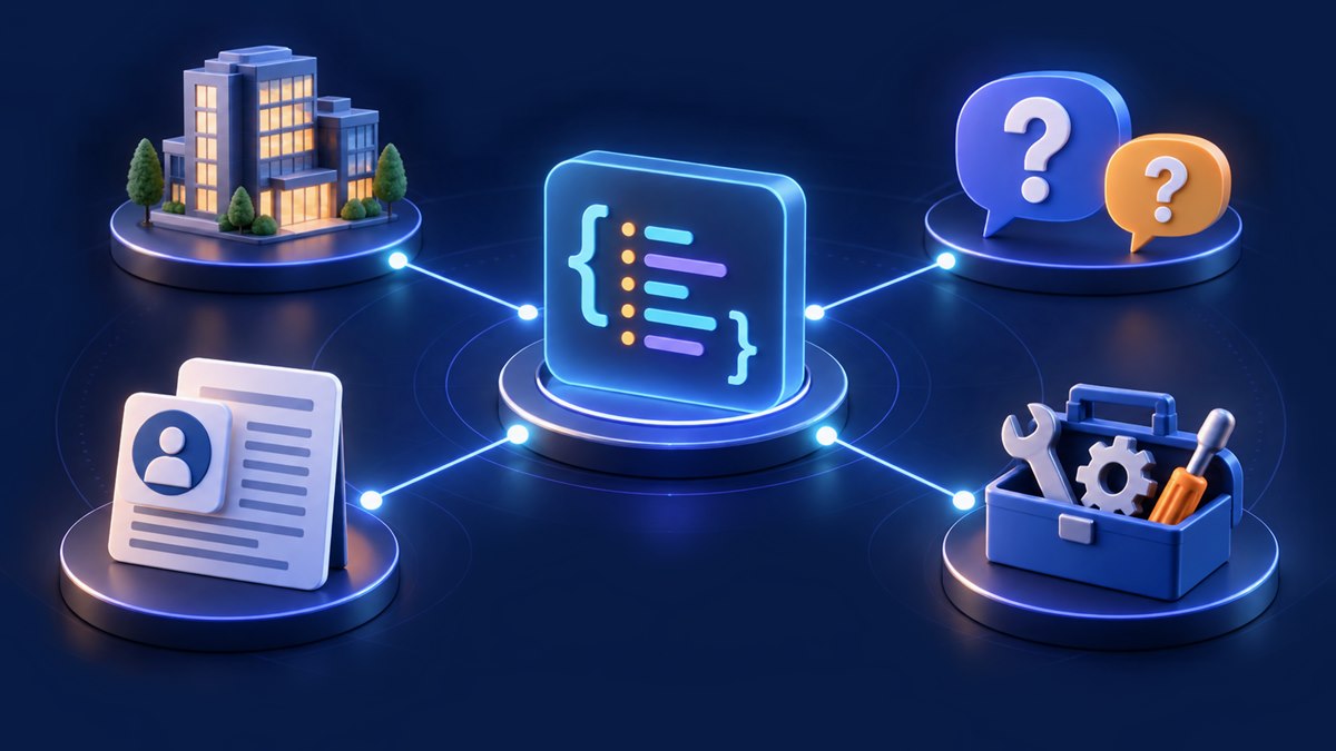 Four schema categories for business visibility connected to structured data: business organization, FAQs, authored articles, and services