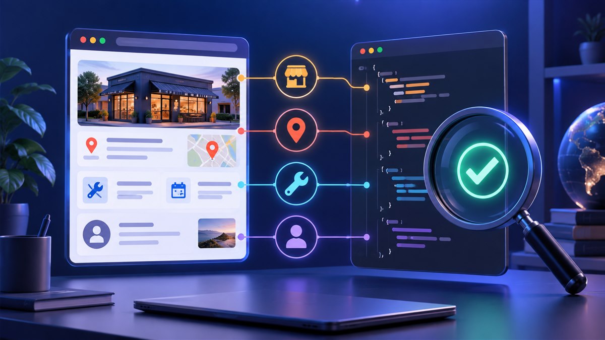 A webpage and its structured data checked side by side to confirm that business, location, service, and author facts match
