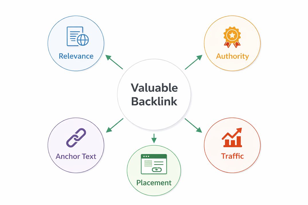 Diagram showing the key quality signals of a valuable backlink: relevance, authority, placement, anchor text, and traffic of the linking page.