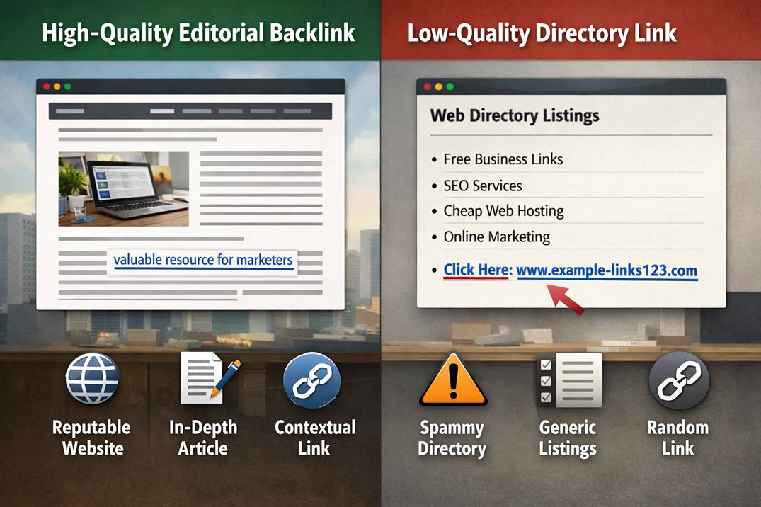 Side-by-side comparison of a high-quality editorial backlink versus a low-quality directory link, showing the difference in placement, context, and linking site quality.