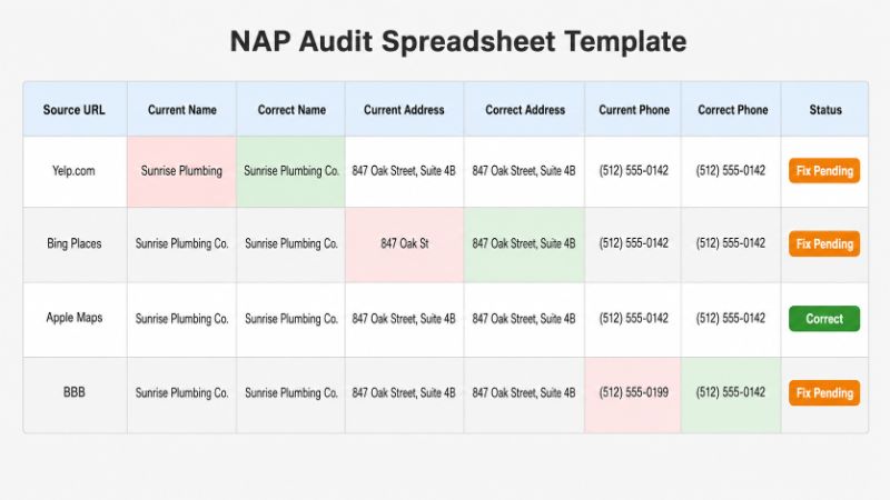 NAP audit spreadsheet template for tracking citation inconsistencies across local directories