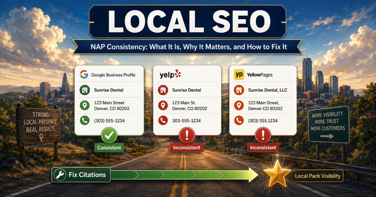 NAP consistency in local SEO showing matching business name, address, and phone across directories