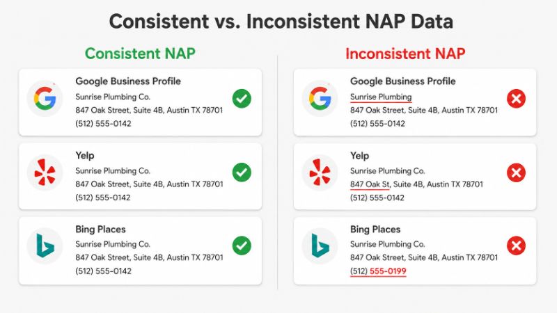 NAP consistency example showing matching versus mismatched business listings across directories