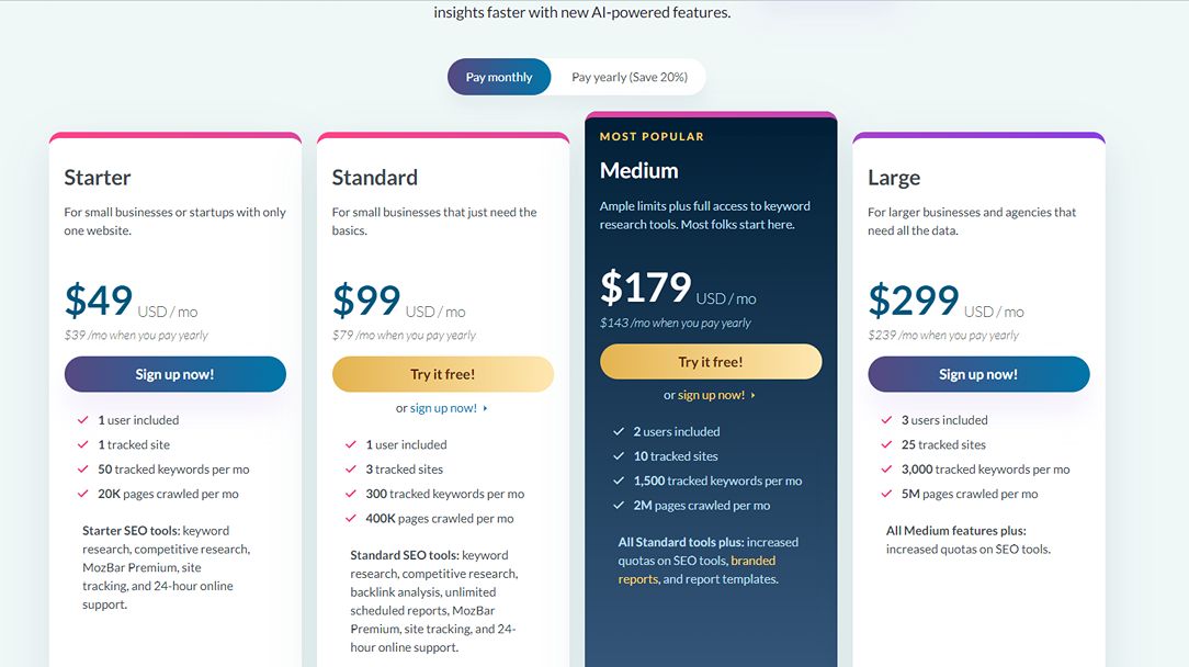 Moz pricing plans and features