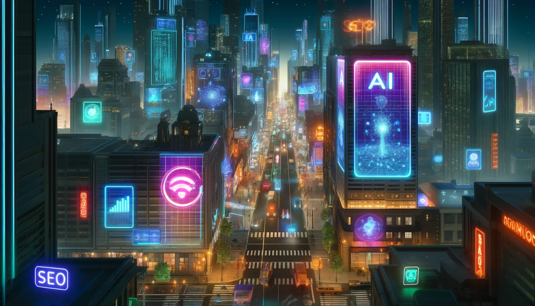 A futuristic cityscape at night with neon-lit billboards displaying AI, machine learning, and SEO icons. The streets are busy with vehicles and people, showcasing a tech-driven urban environment.